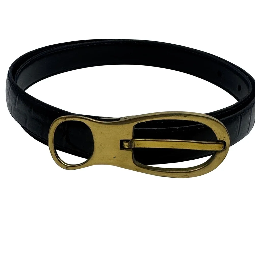 Vintage Black Croc Genuine Embossed Leather Belt Solid Brass Oval Buckle Size ML